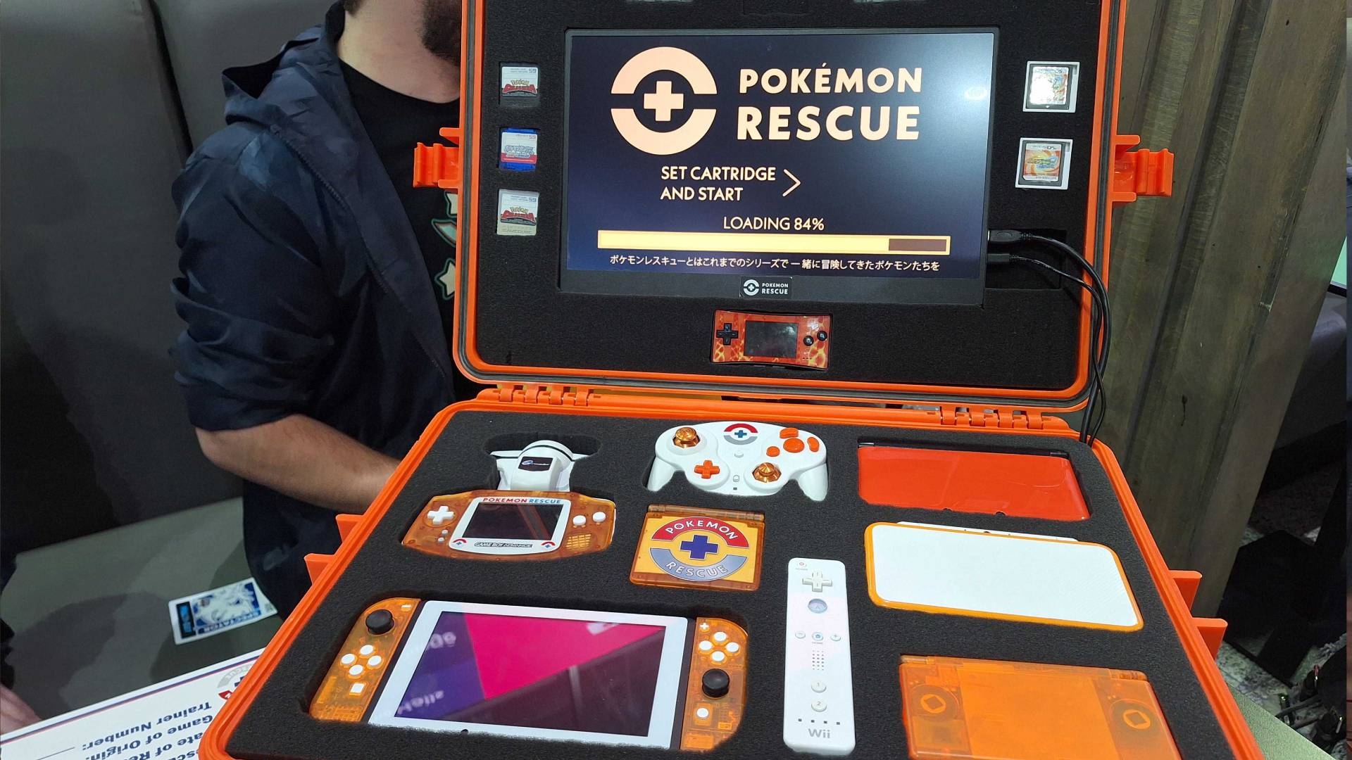 Photo of the Pokemon Rescue team's case of Nintendo hardware at the Pokemon Europe International Championships 2026.