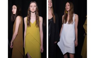 Image one - two female models, one in a brown dress and the other in yellow. Image two - two female models, one in a black dress and the other in white