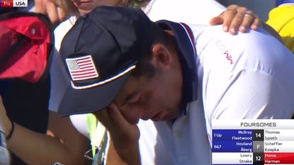 Scottie Scheffler in tears after losing his foursomes match at the Ryder Cup