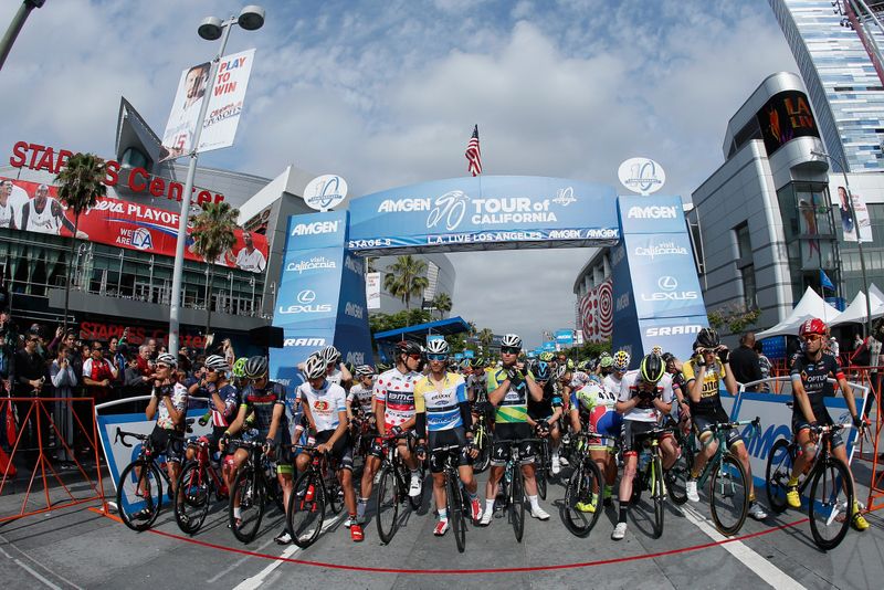 The riders get ready to start the final stage of the race