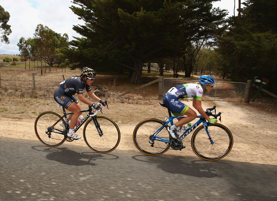 Rachel Neylan and Chloe Hosking on the attack late in the race