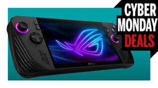 The Asus ROG Ally X gaming handheld on a teal background with the "Cyber Monday Deals" text in the top right.