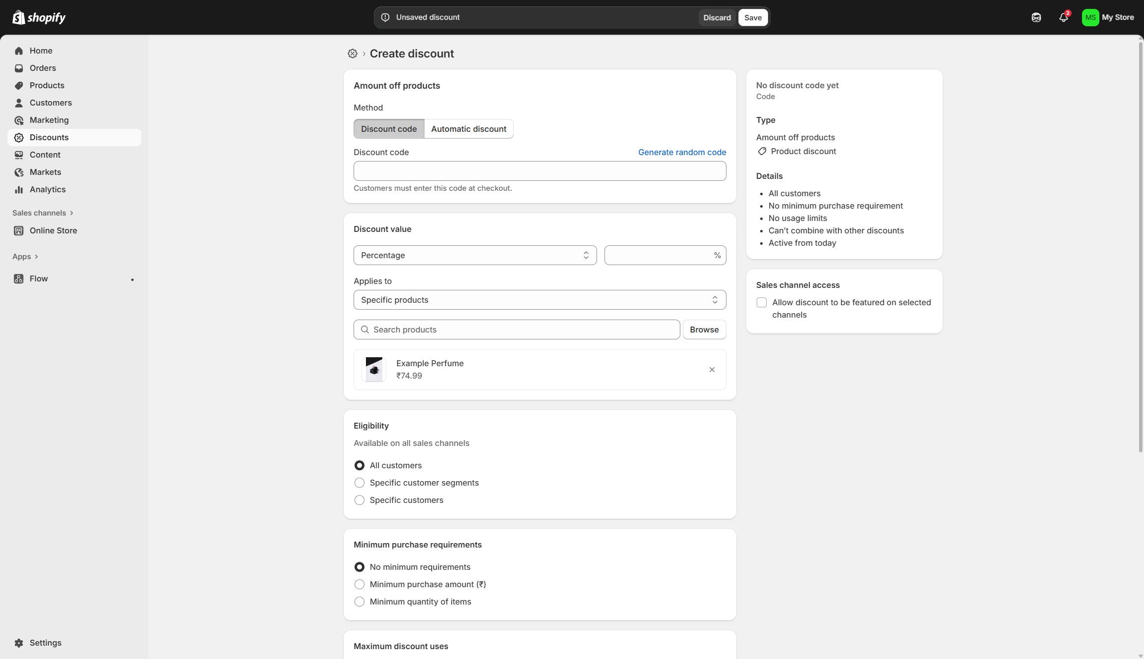 Screenshot of Shopify dashboard with a form for creating a discount code.