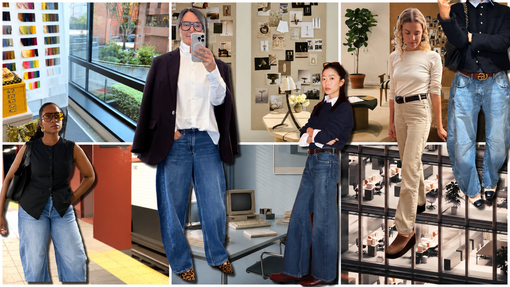 collage of women wearing denim in the workplace