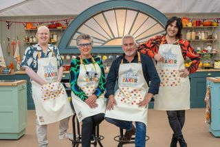 Judges Prue Leith and Paul Hollywood with presenters Matt Lucas and Noel Fielding