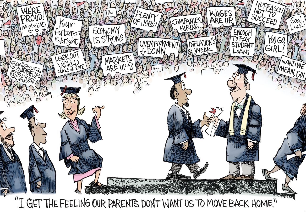 Editorial cartoon US college graduates parents job prospects