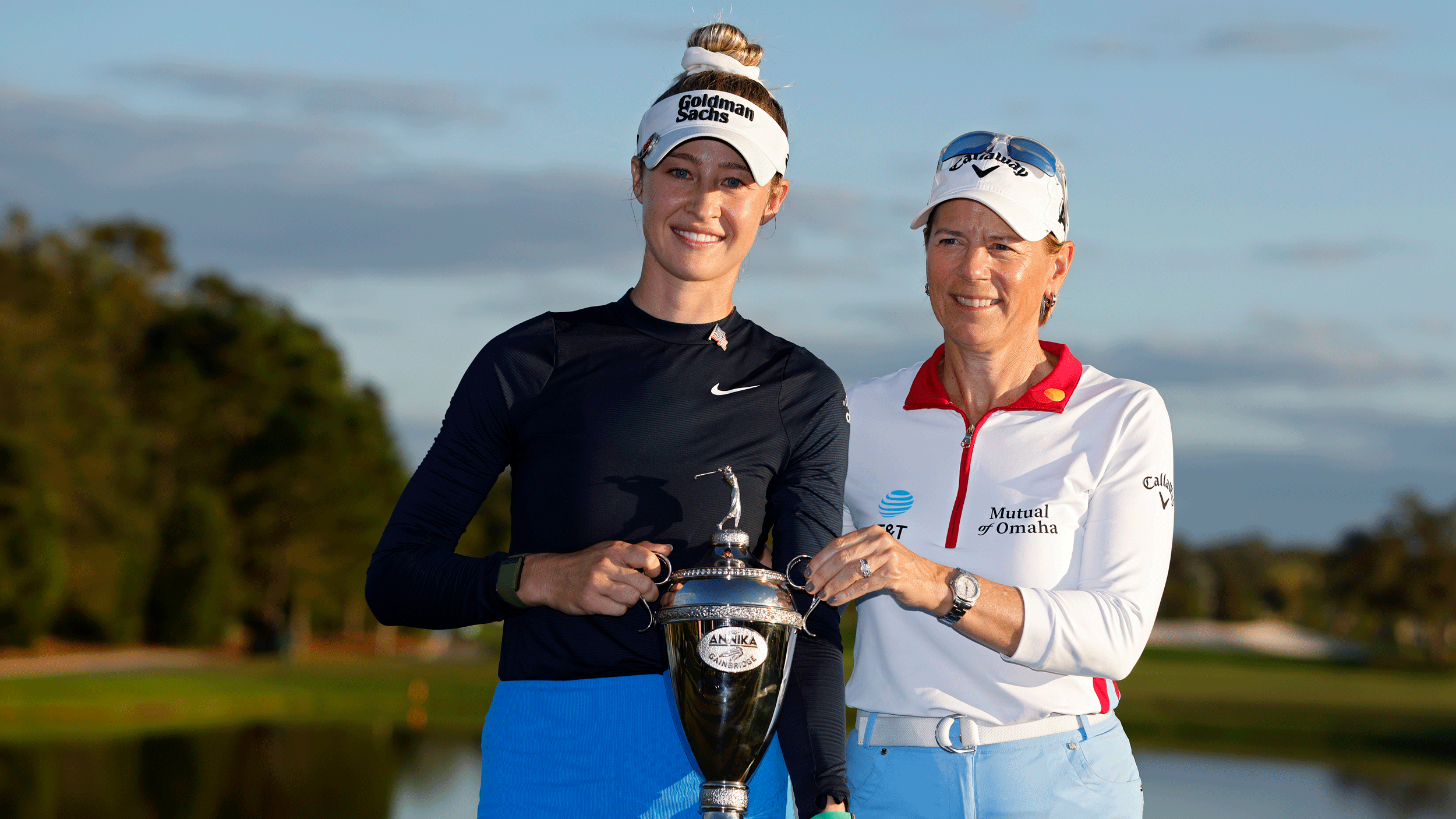 Nelly Korda and Annika Sorenstam pose with The Annika trophy after the former&#039;s win in 2024