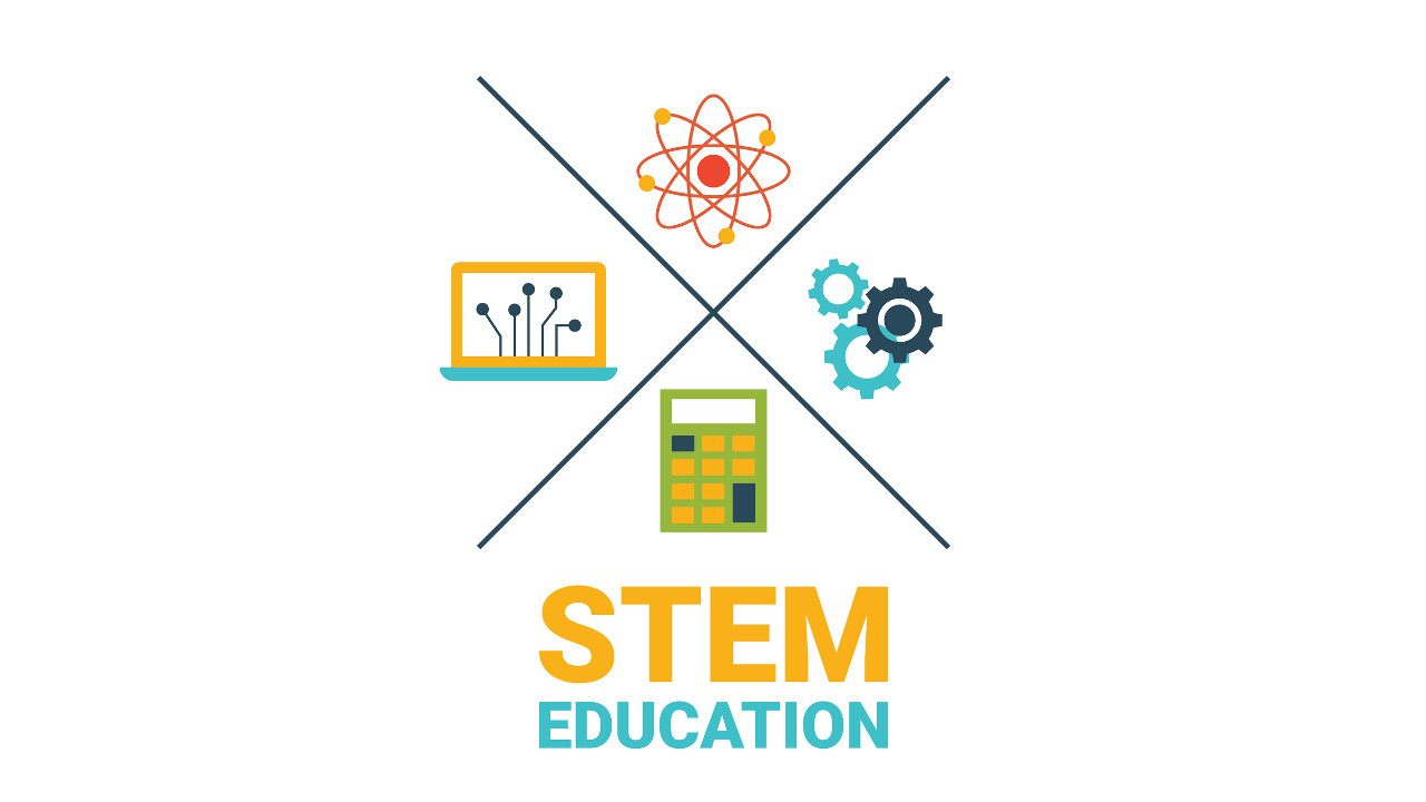 Illustration titled STEM Education: Icons for atom, gears, calculator and computer arranged in quadrants