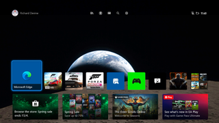 A screenshot of the Xbox dashboard with a photo of Earthset from the NASA Artemis II mission as the background.