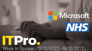 The thumbnail for the IT Pro News in Review video showing a person using a keyboard and the Microsoft and NHS logos displayed
