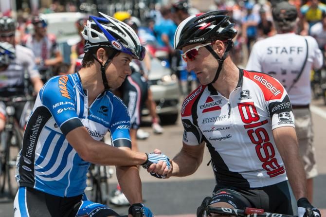 Kiel Reijnan (UnitedHealthcare) and Frank Pipp (Bissell) have a stare down on the start line.