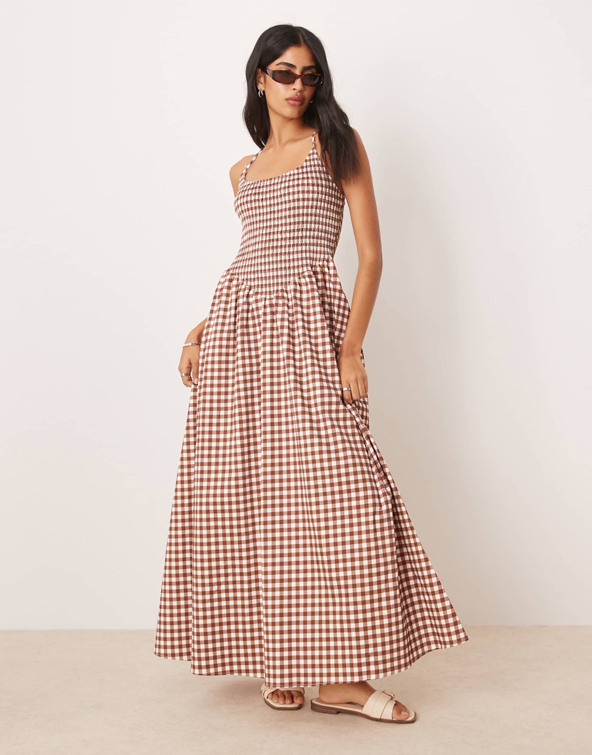 Asos Design Scoop Neck Crinkle Maxi Dress With Cross Back in Chocolate Gingham