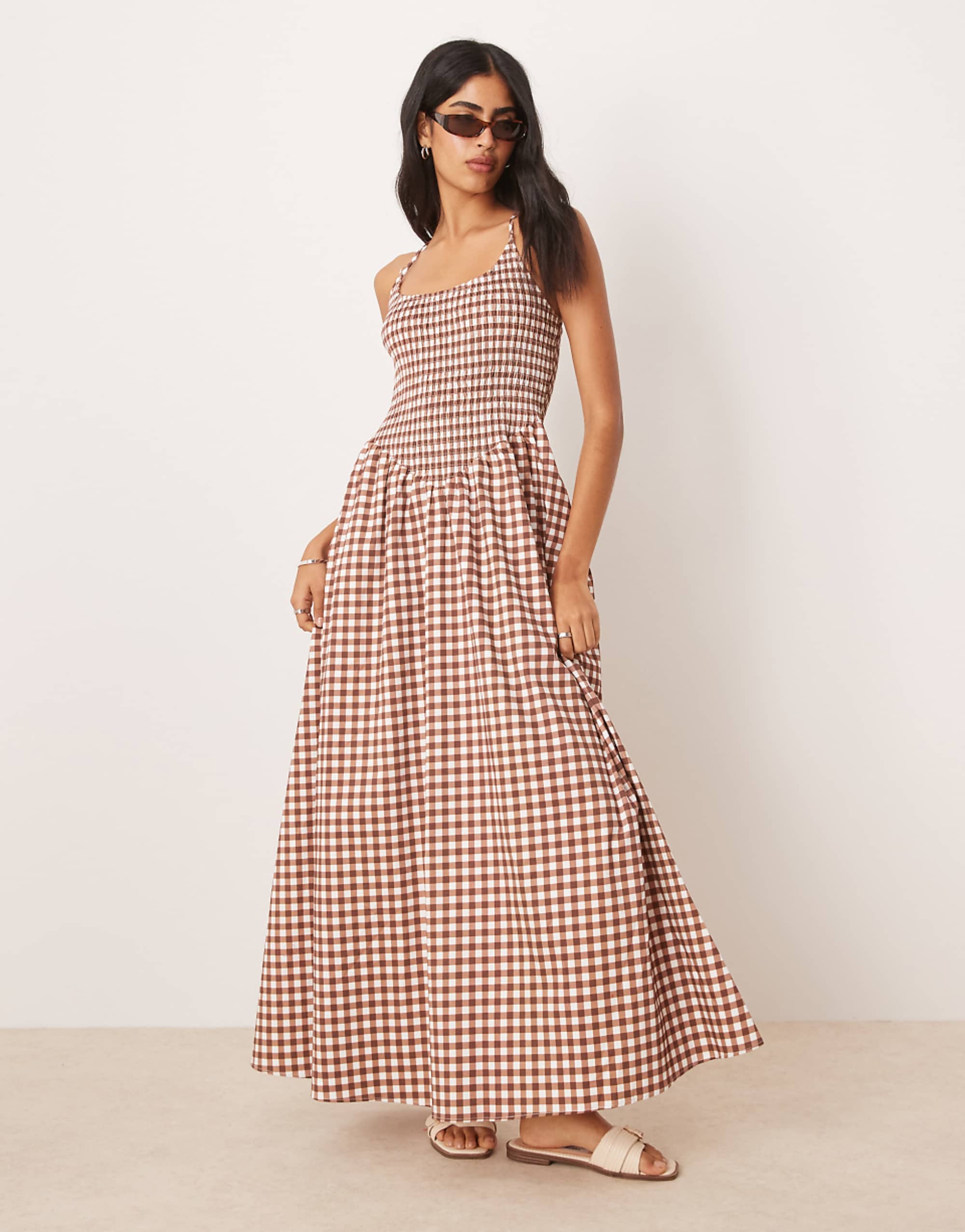 Asos Design Scoop Neck Crinkle Maxi Dress With Cross Back in Chocolate Gingham