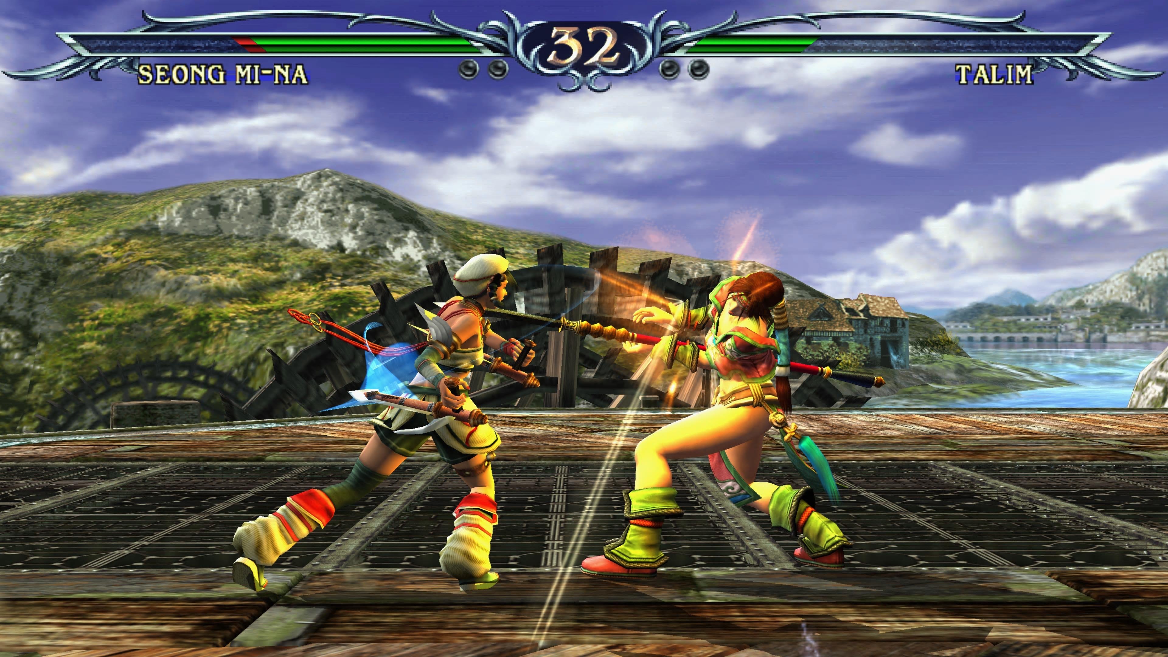 A typical battle in Soul Calibur 3, with two fighters - Seong Mi-Na and Talim - fighting in a picturesque daytime location.