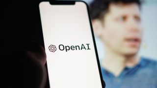 OpenAI logo on a phone screen in front of a blurred image of Sam Altman