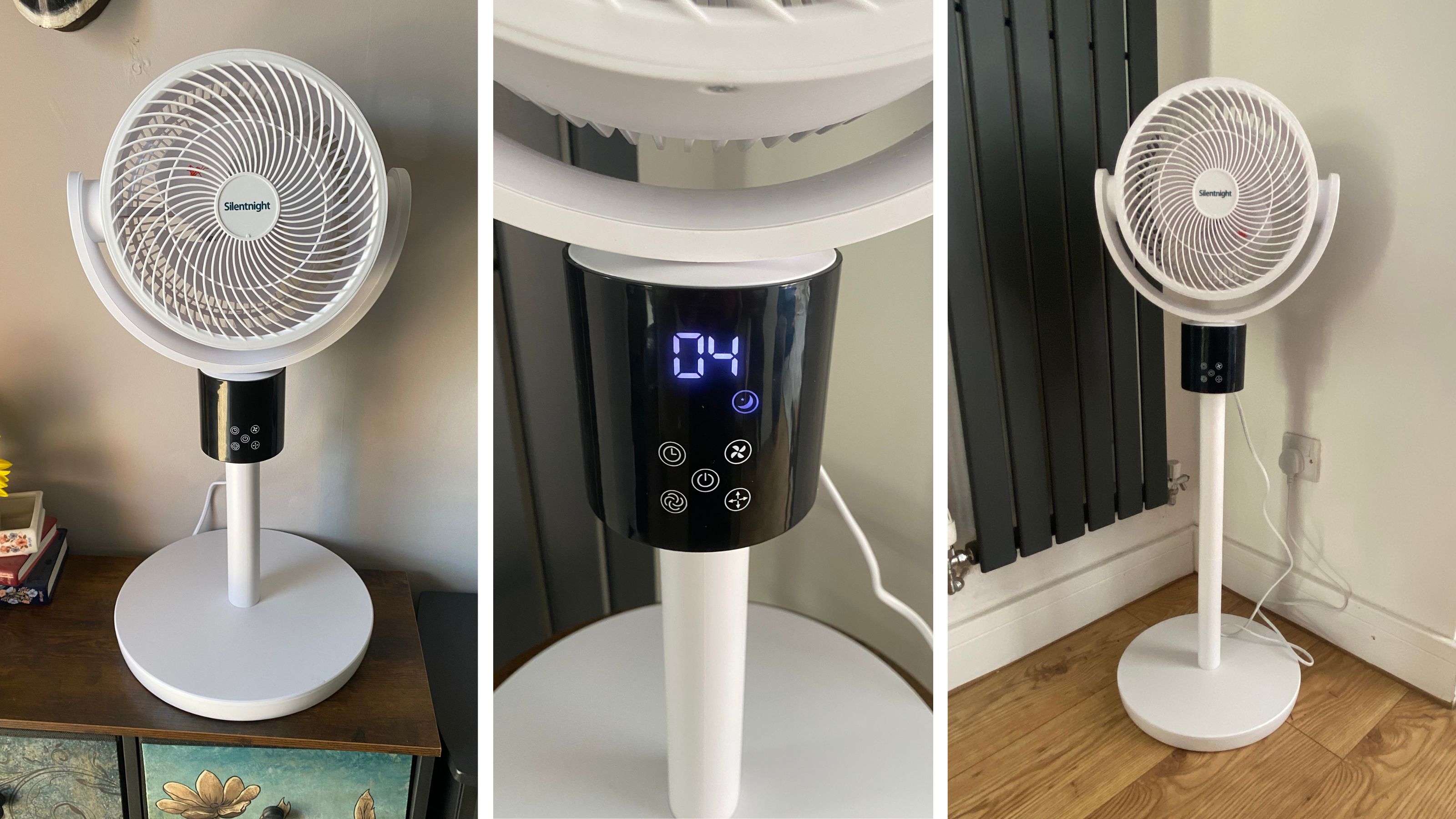 Collage of three pictures of the Silentnight Airmax Pro360 Pedestal Fan - one of the fan in desktop mode, one close up of the display panel, and one of the fan in pedestal mode
