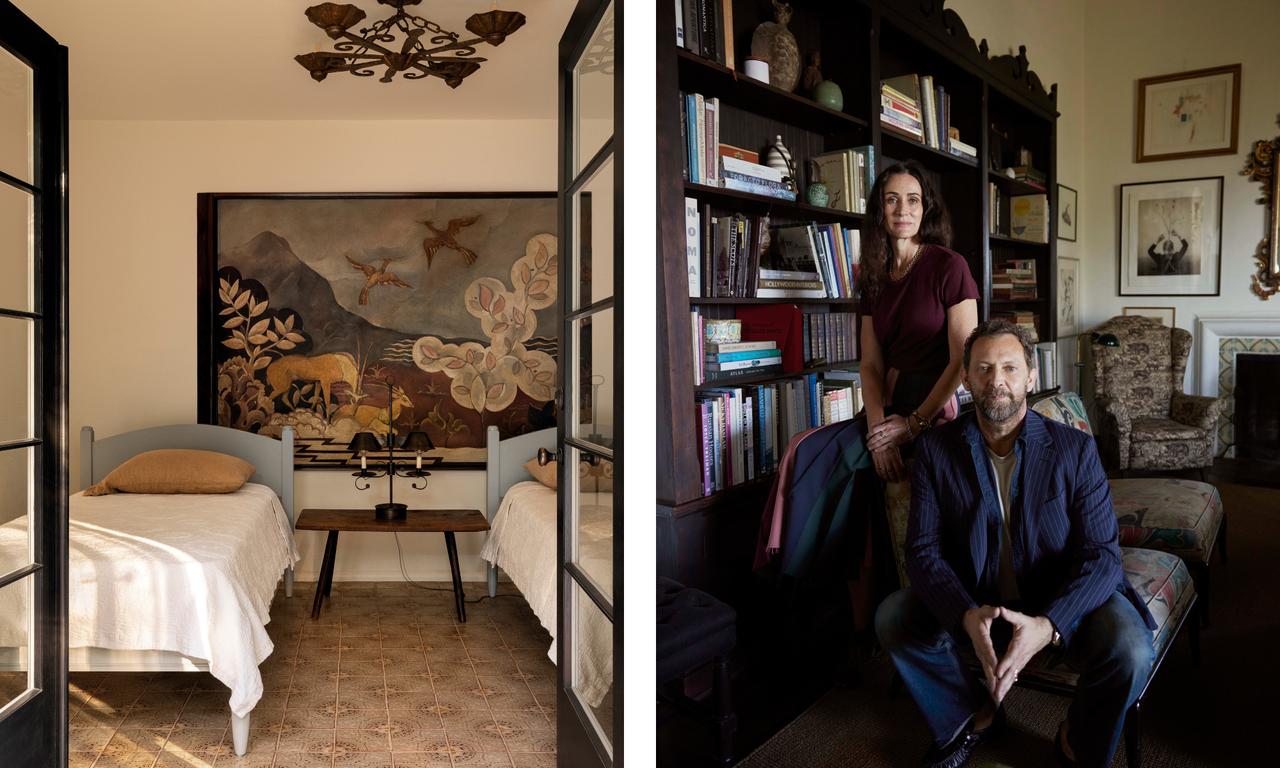 A split image, the left being a view through french doors into a bedroom with two light blue twin beds in front of a landscape painting; on the right, a portrait of Todd Nickey and Amy Kehoe seated in front of a bookshelf.