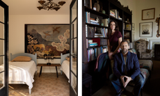 A split image, the left being a view through french doors into a bedroom with two light blue twin beds in front of a landscape painting; on the right, a portrait of Todd Nickey and Amy Kehoe seated in front of a bookshelf.