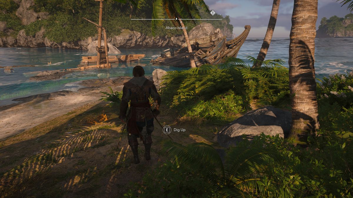 Black Flag treasure maps: Edward standing on a beach with a shipwreck ahead of him.