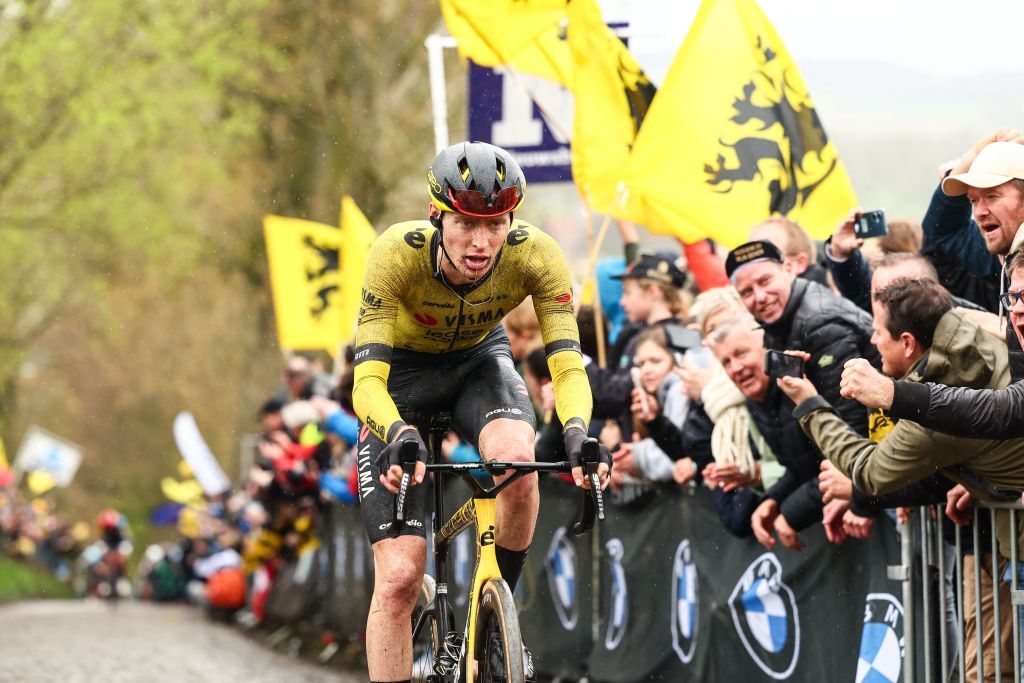 US Matteo Jorgenson of Team Visma-Lease a Bike pictured at the Koppenberg during the men&#039;s race of the Tour of Flanders