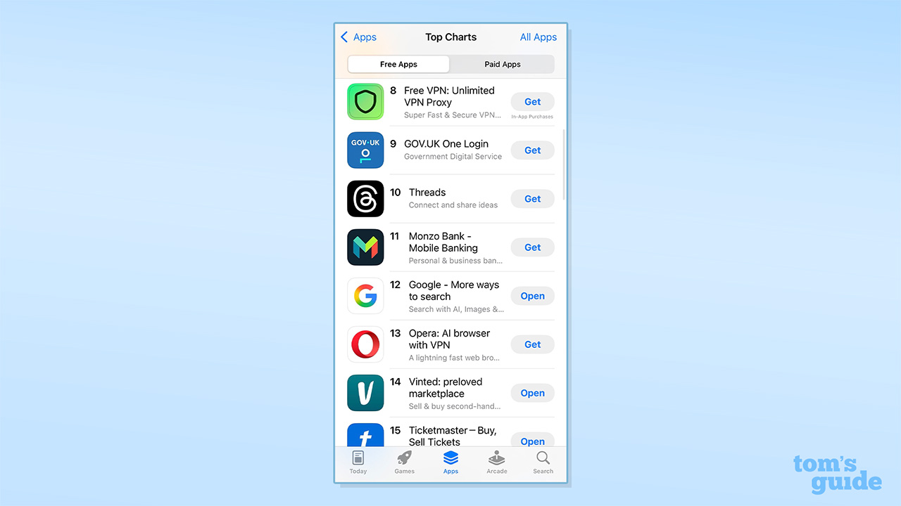 Screenshot of #8 to #15 of the most popular free apps on the UK App Store