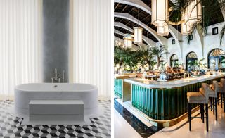 Left, bathroom at Lilienstrasse, Frankfurt. Right, Champagne Bar at The Surf Club,