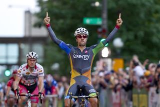 Carlos Alzate (Team Exergy) celebrates victory in the St. Paul Downtown Criterium