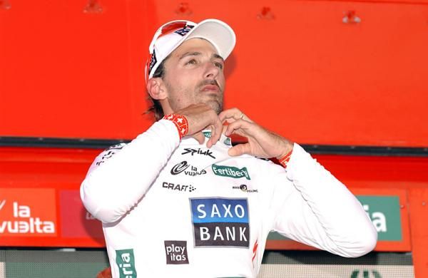 Fabian Cancellara (Saxo Bank) on the podium after Vuelta a Espa&ntilde;a in Emmen, Netherlands