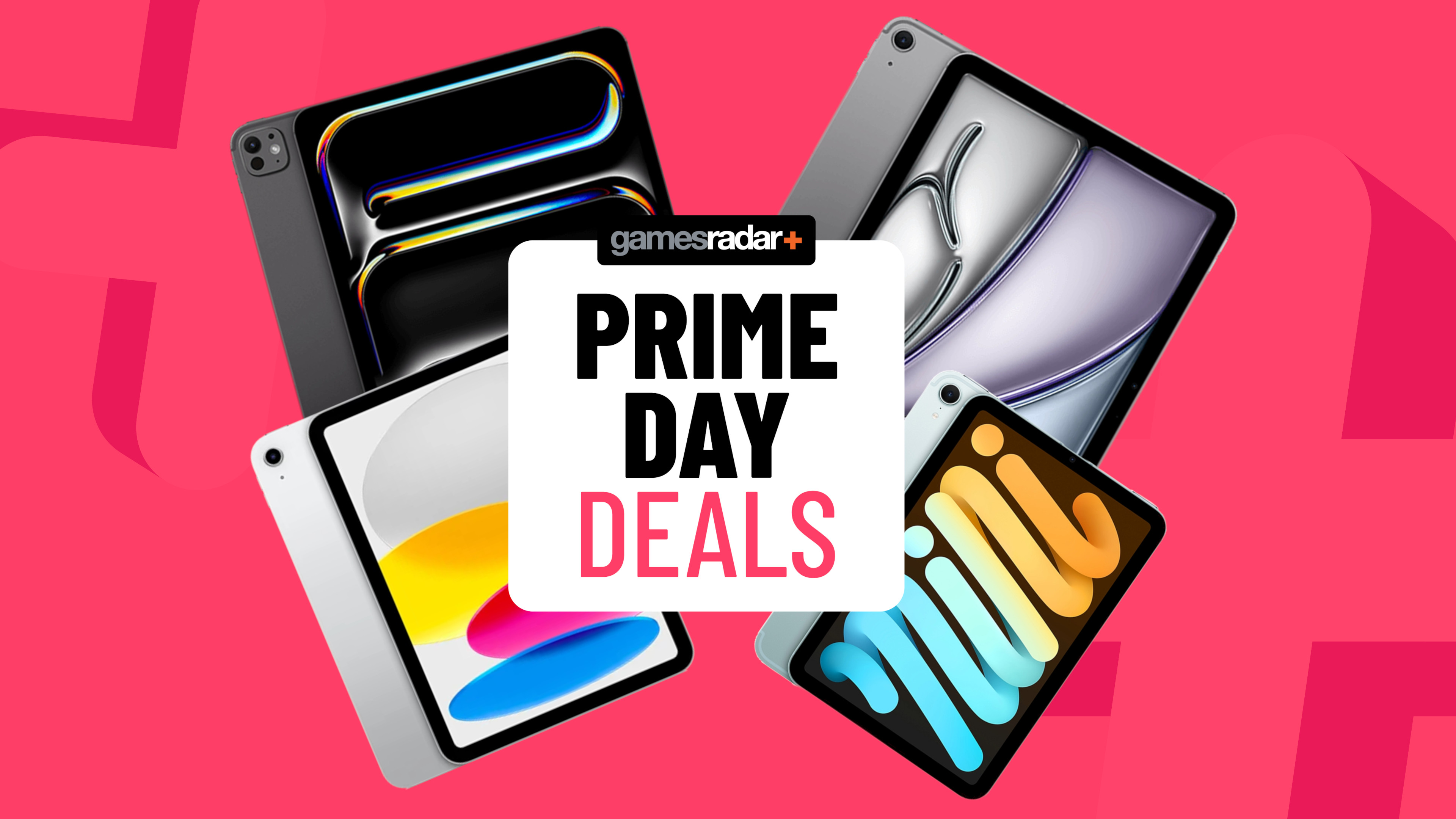 Apple iPads on a pink background with Prime Day deals badge