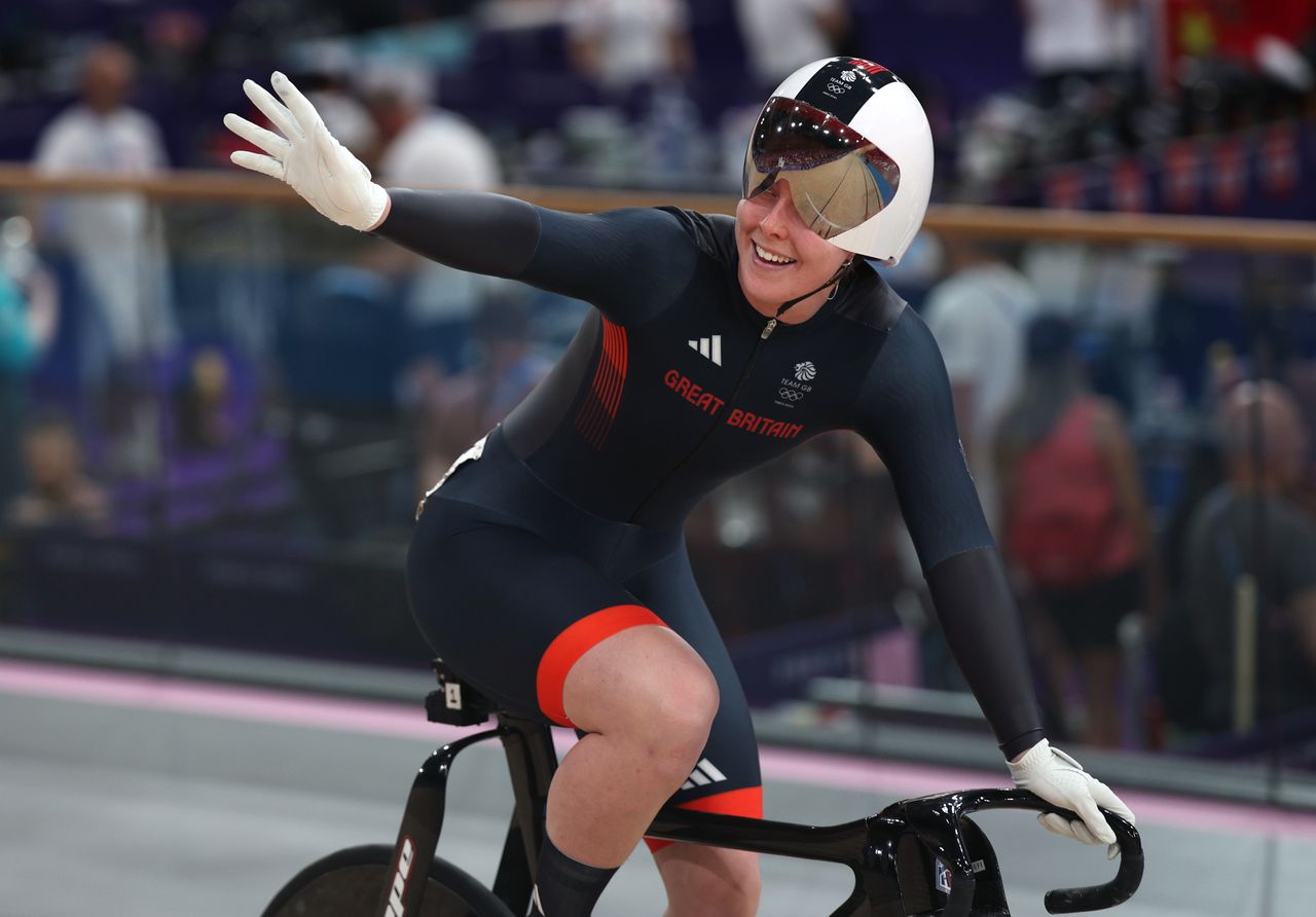 Emma Finucane waving to the crowd at the Olympics