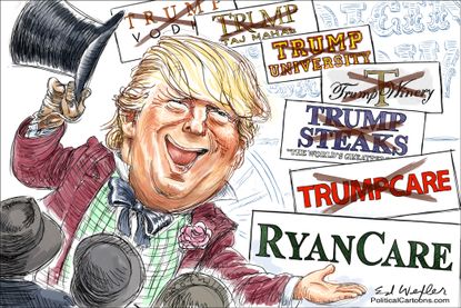 Political Cartoon U.S. President Trump name products Trumpcare Paul Ryan health care replacement