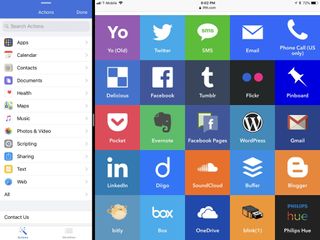 iPad screenshot of Workflow's action categories on the left and some example IFTTT applets on the right in Split View
