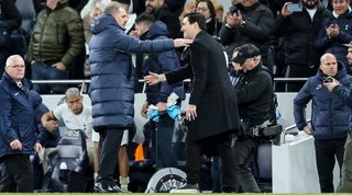 Ange Postecoglou and Andoni Iraola during Tottenham's Premier League game at home to Bournemouth in December 2023.