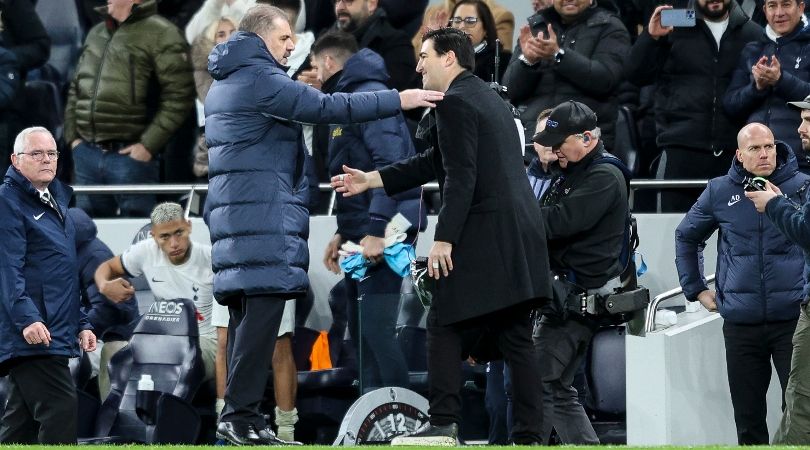 Ange Postecoglou and Andoni Iraola during Tottenham&#039;s Premier League game at home to Bournemouth in December 2023.