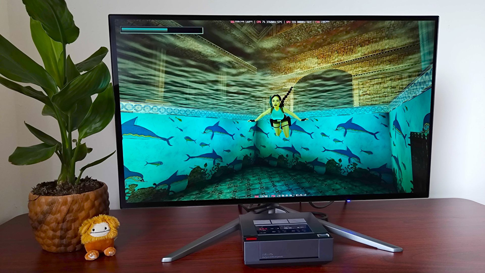 Ayaneo Mini PC AM02 running Tomb Raider Remastered with Lara in water