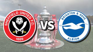 Sheffield Utd vs Brighton football club logos over an image of the FA Cup Trophy