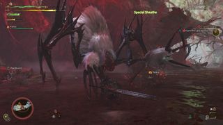 A longsword-wielding hunter prepares a draw slash while facing the spider-like Lala Barina.