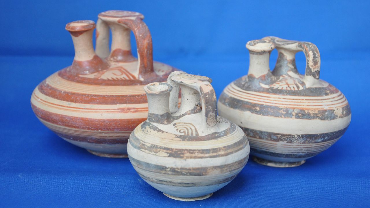 Ancient decorated clay pots found at the tomb dating to about 1400 B.C to 1300 B.C.
