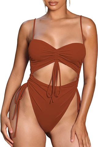 Viottiset Women's Cut Out Drawstring One Piece Swimsuit Cheeky High Cut Bathing Suit in burnt orange