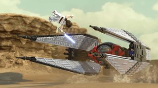 Rey flips over Kylo's TIE Fighter in Lego Star Wars: The Skywalker Saga