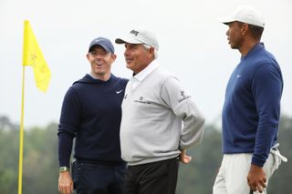 Rory McIlroy, Fred Couples and Tiger Woods during a Masters practice round