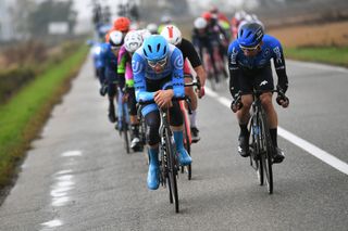 ASTI ITALY OCTOBER 23 Alex Dowsett of The United Kingdom and Team Israel StartUp Nation Victor Campenaerts of Belgium and NTT Pro Cycling Team Breakaway during the 103rd Giro dItalia 2020 Stage 19 a 1245km stage from Abbiategrasso to Asti Stage shortened due to heavy rain girodiitalia Giro on October 23 2020 in Asti Italy Photo by Tim de WaeleGetty Images