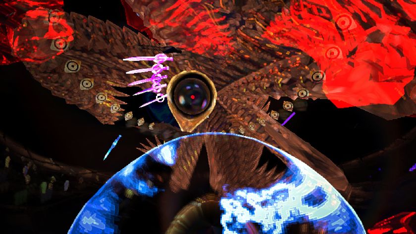 A biblically-accurate angle wields a brace of daggers as the player readies their energy shield to defend themselves.