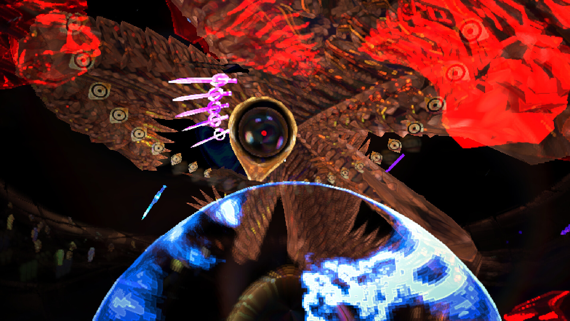 A biblically-accurate angle wields a brace of daggers as the player readies their energy shield to defend themselves.