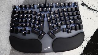 An ergonomic gaming keyboard up-close.