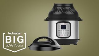 Instant Pot Duo Crisp and Air Fryer on a green background