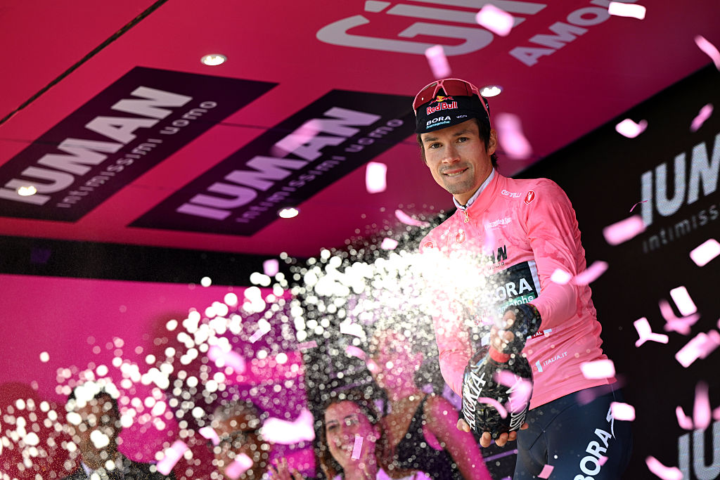 TIRANA ALBANIA MAY 10 Primoz Roglic of Slovenia and Team Red Bull BORA hansgrohe celebrates at podium as Pink Leader Jersey winner during the 108th Giro dItalia 2025 Stage 2 a 137km individual time trial stage from Tirana to Tirana UCIWT on May 10 2025 in Tirana Albania Photo by Dario BelingheriGetty Images