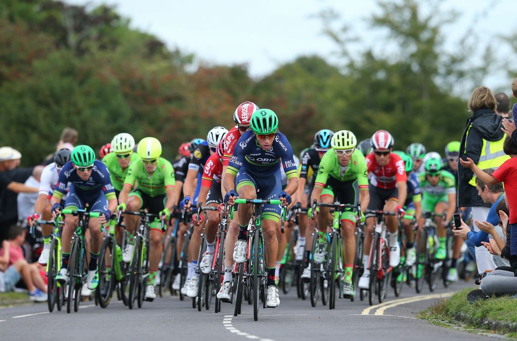 Robert Power (Orica-BikeExchange) does a turn on the front