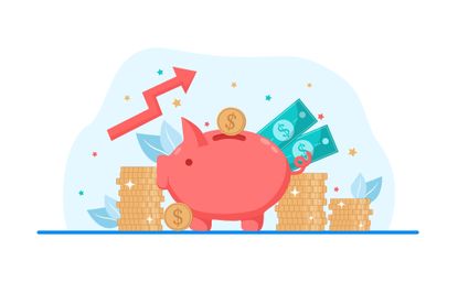 Illustration of piggy bank with cash, coins and an arrow pointing diagonally up. 