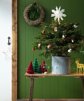 Miniature Christmas tree, animal bulbuls, metal bucket